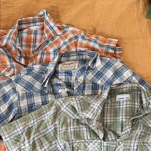 LOT- set of 3- Wrangler Men's Plaid Shirt Set - Blue, Green, Orange